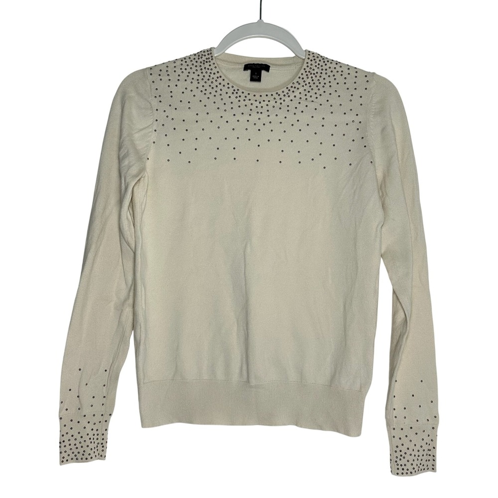 Ann Taylor Factory Cream Studded Crew Neck Cotton Blend Sweater Small Ivory